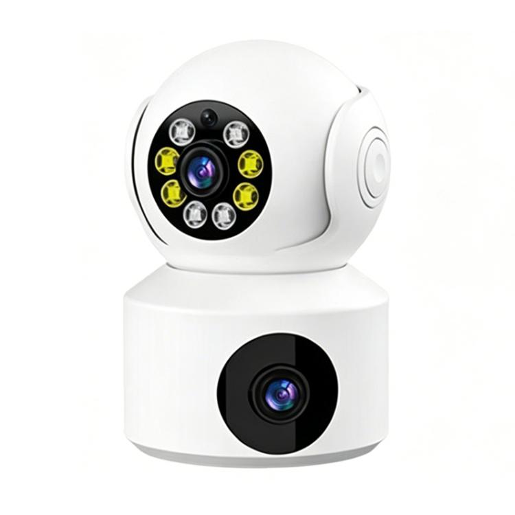 White smart security camera with side panel and dual lenses, one on lower base