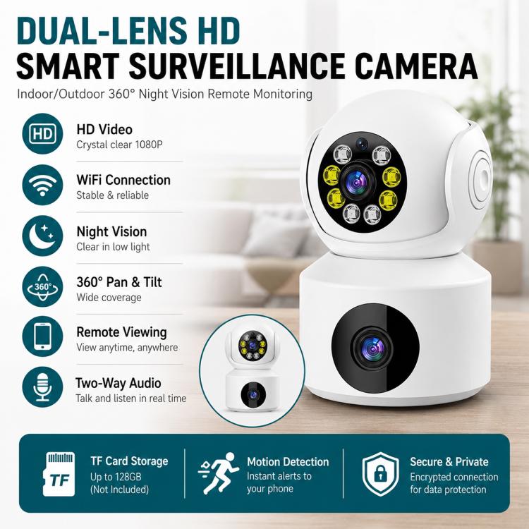 White dual-lens home surveillance camera base with rotatable dome