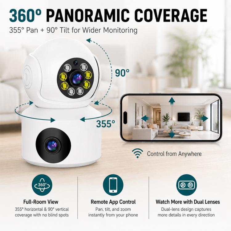 White 360° rotating dual-lens security camera with black lower lens