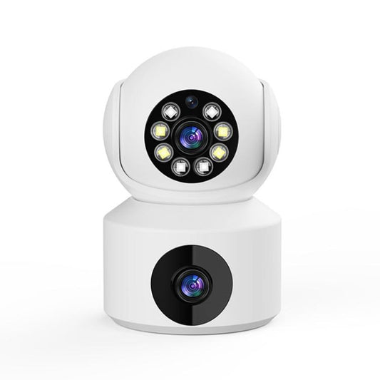 White dual-lens rotating security camera with top array of LEDs and black lens face