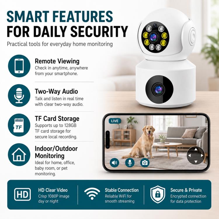 White dual-lens surveillance camera with dome and front lens