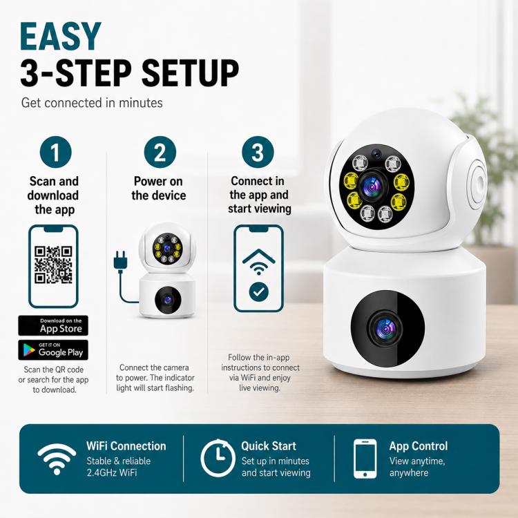 White dual-lens security camera on base for WiFi app setup
