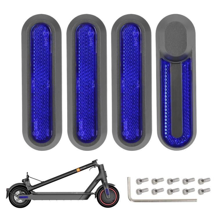 Electric scooter wheel side covers set with blue reflective strips and screws, grey base