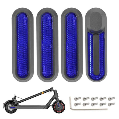 Electric scooter wheel side covers set with blue reflective strips and screws, grey base