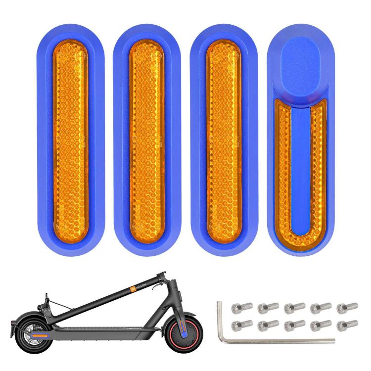 Electric scooter wheel side covers set with amber reflective strips and screws, blue base