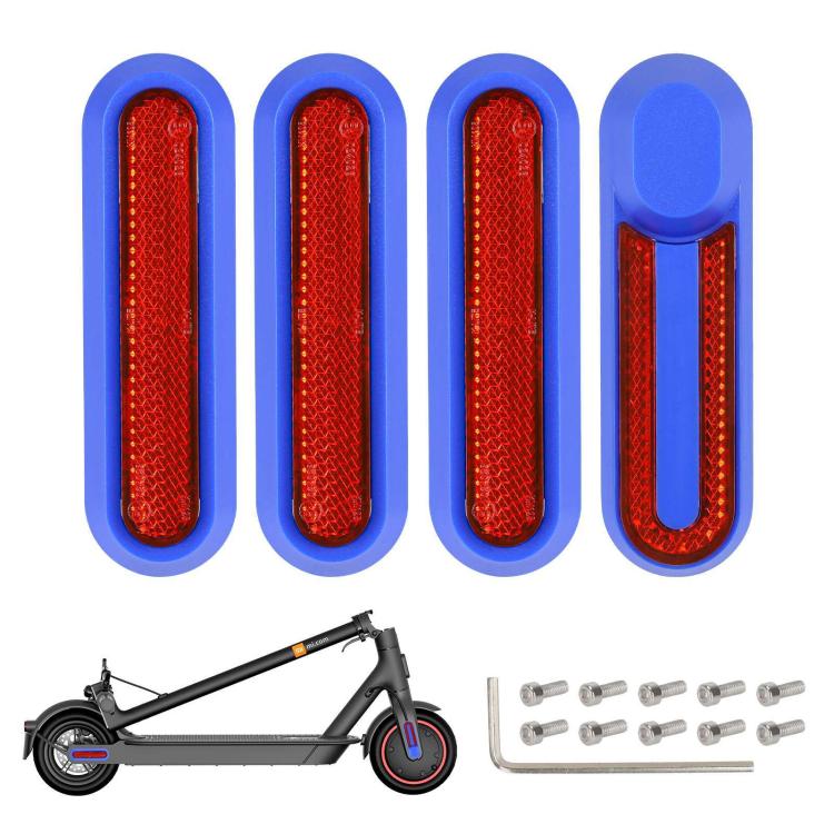 Electric scooter wheel side covers set with red reflective strips and screws, blue base