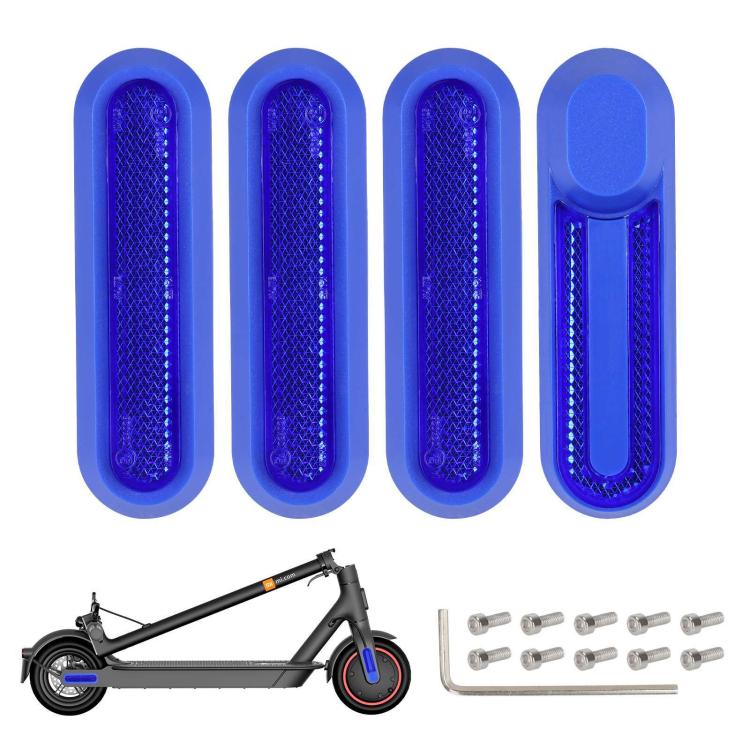 Electric scooter wheel side covers set with blue reflective strips and screws, blue base