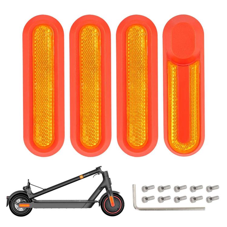 Electric scooter wheel side covers set with amber reflective strips and screws, red-orange base