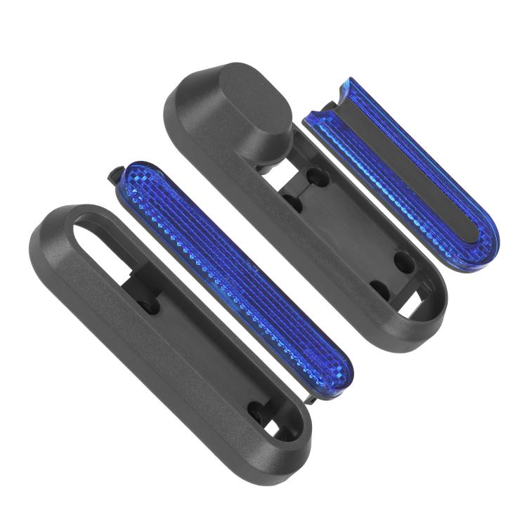Electric scooter wheel side covers with blue reflective strips, grey plastic blocks