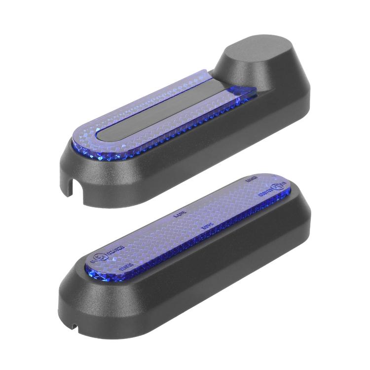Electric scooter wheel side covers with blue reflective strips, dark grey plastic blocks