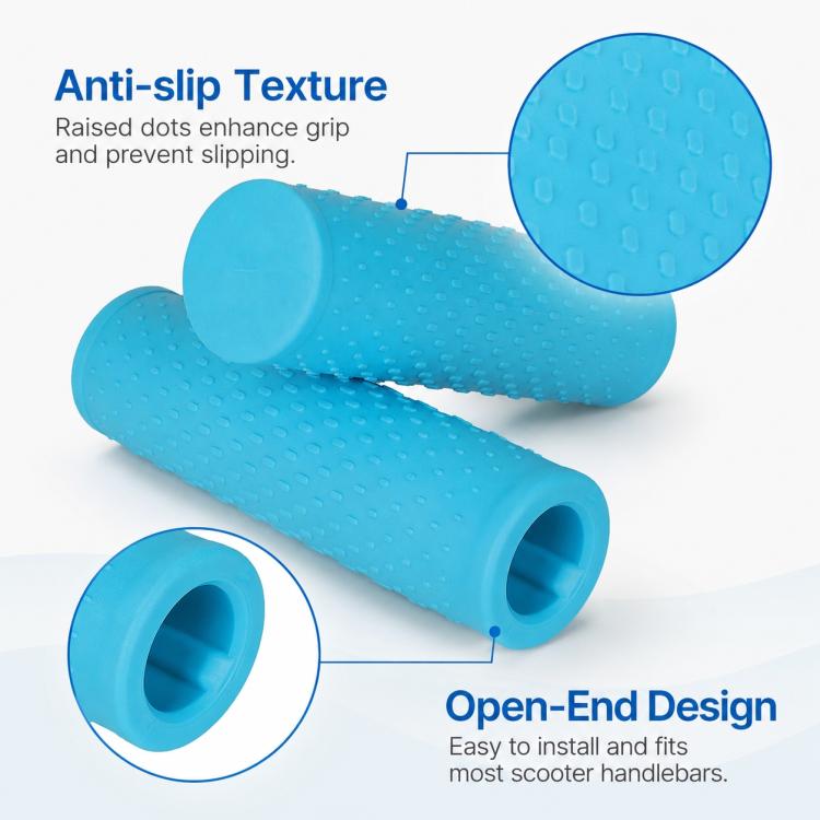 Blue silicone anti-slip handlebar covers with raised dot texture and open ends