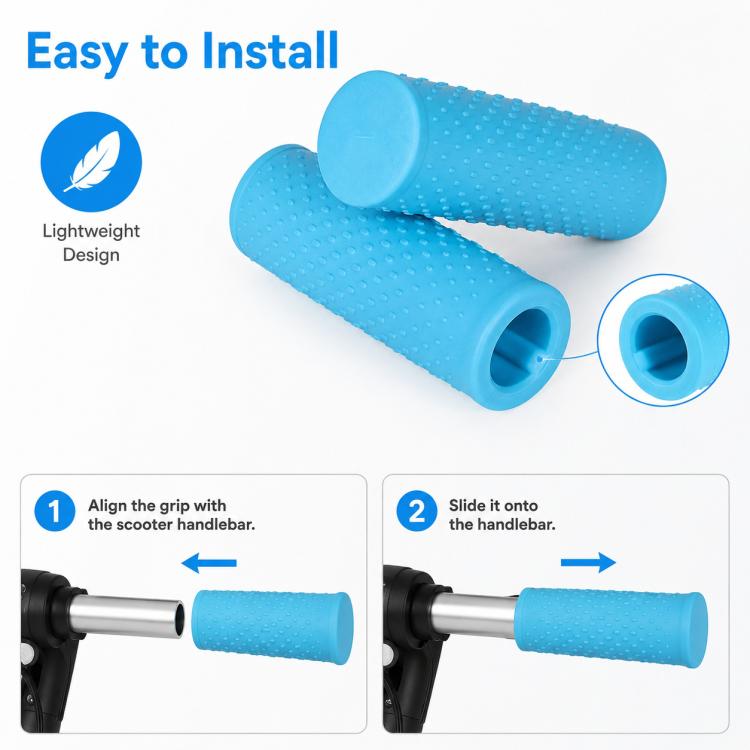 Blue silicone anti-slip handlebar covers with open ends and textured grip surface
