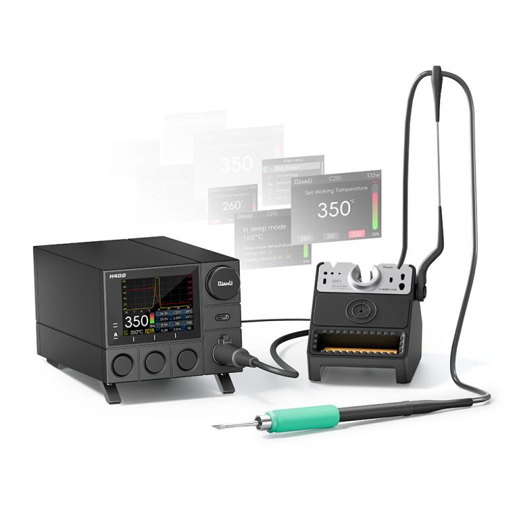Black soldering station with integrated sleep stand, digital screen, and green-handled iron