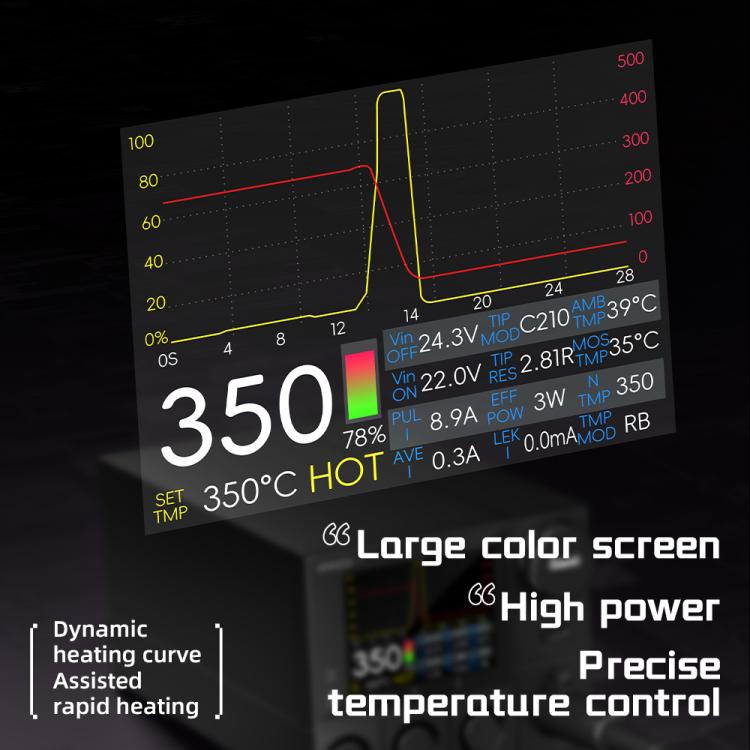Soldering station large color screen showing 350°C temperature control curve