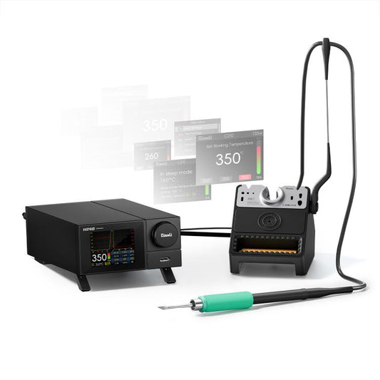Smart soldering station with display screen, all-in-one sleep stand, and soldering iron