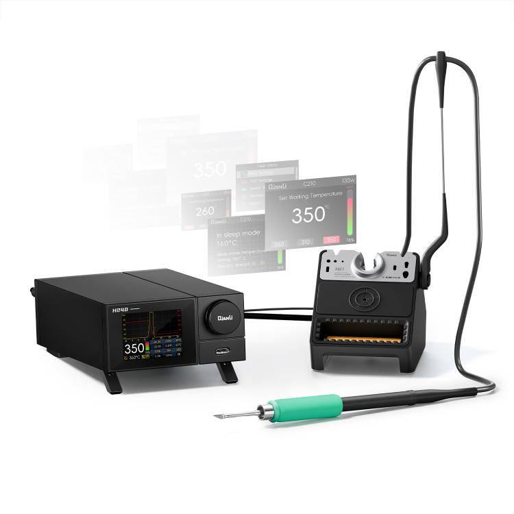 Smart soldering station set with black control unit, stand, and green-handled soldering iron