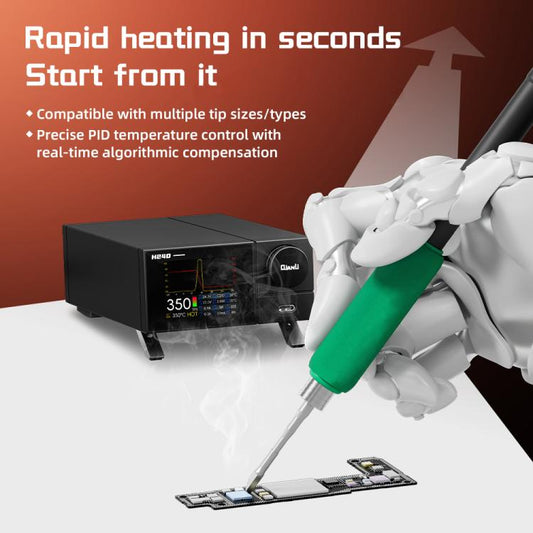 Smart soldering station with sleep stand and green soldering iron heating circuit board