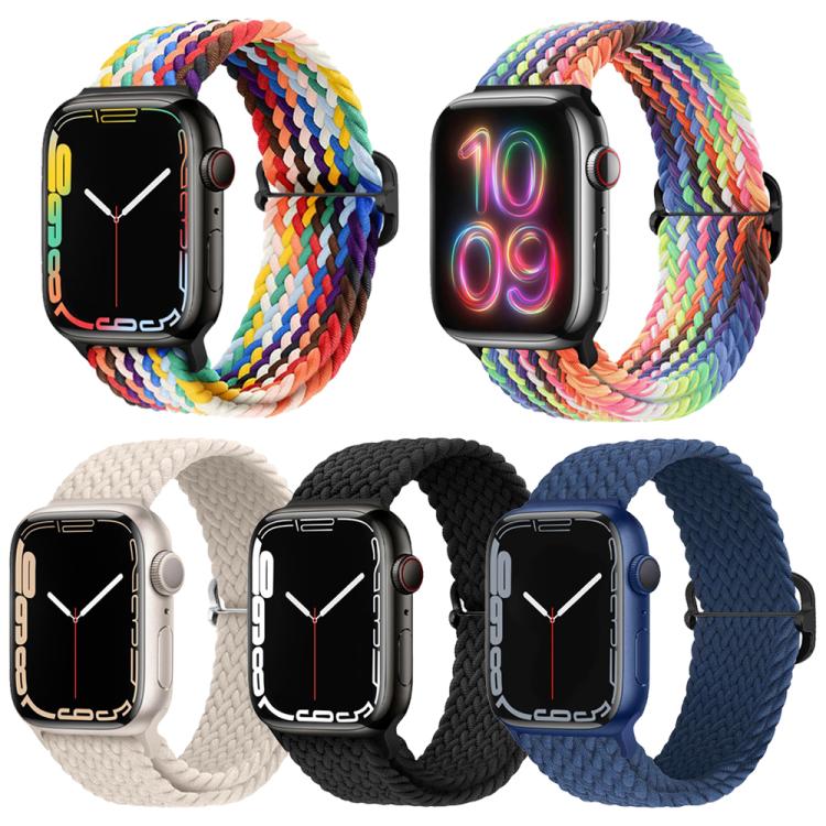 Five braided nylon watch bands in multicolor, cream, black, and blue, shown on watches.