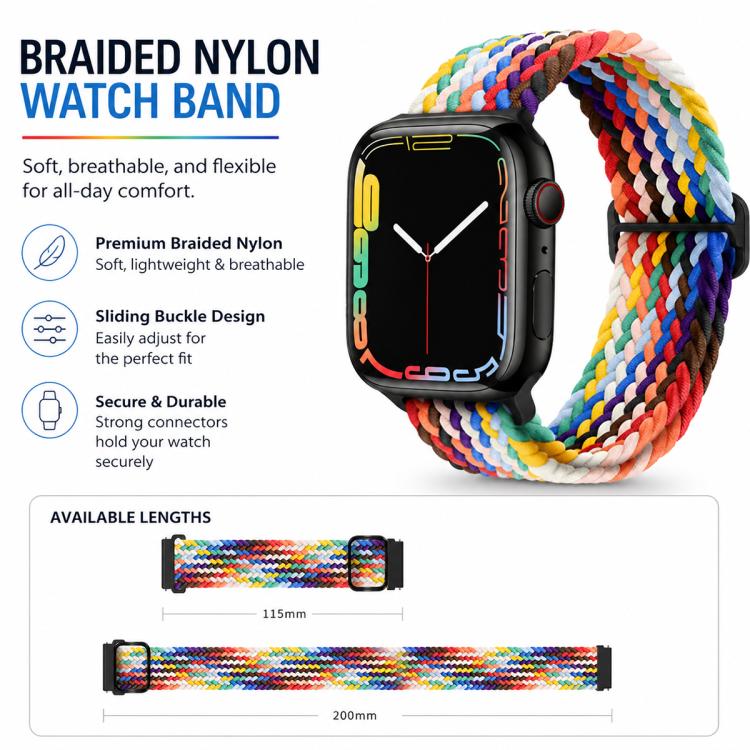 Multicolor braided nylon watch band on a smartwatch, with sliding buckle and two length options.