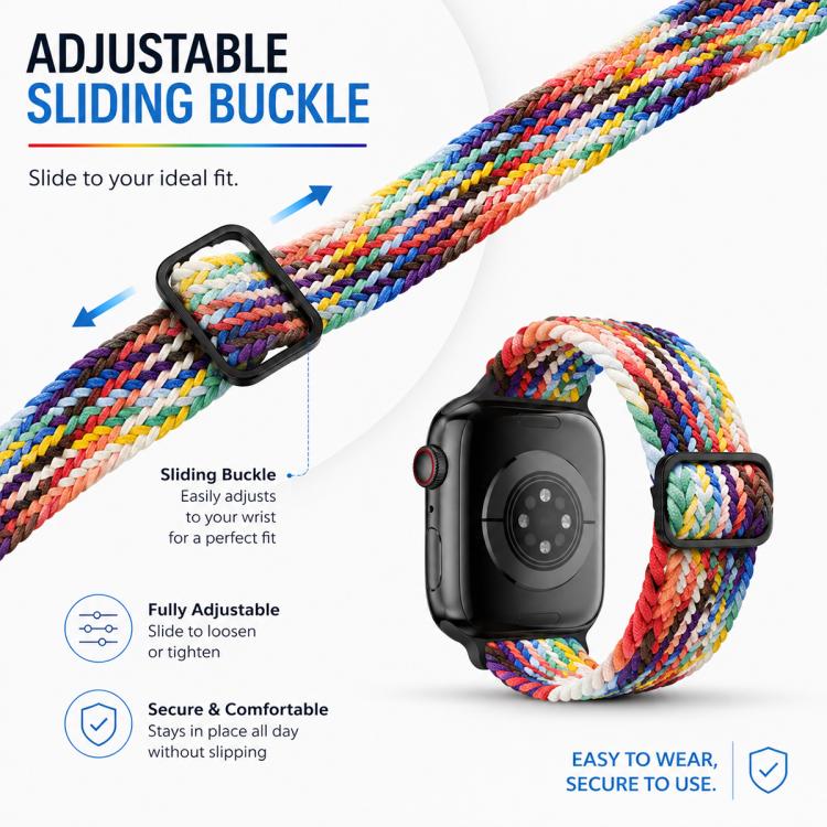 Multicolor braided nylon watch band with an adjustable sliding buckle, shown on a watch and close up.