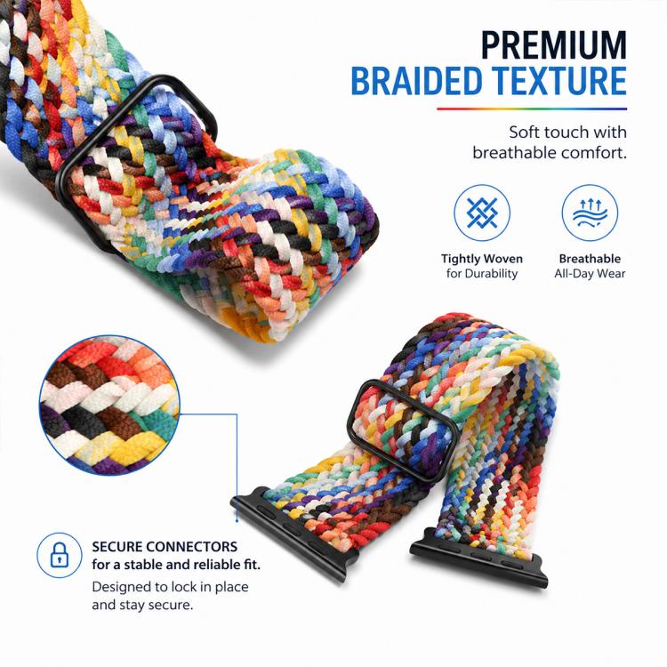 Close-up of a multicolor braided nylon watch band, buckle, and connector ends.