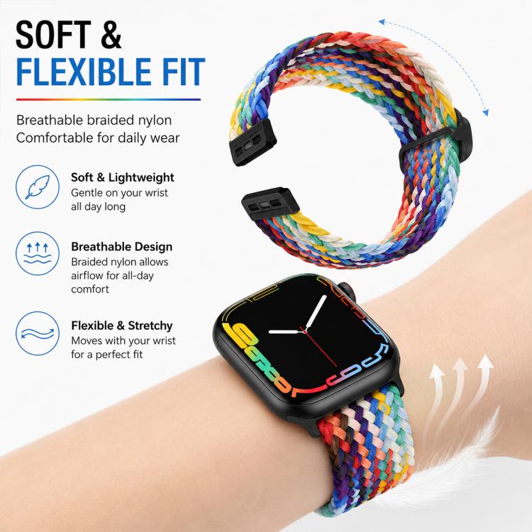 Stretchy multicolor braided nylon watch band shown worn and as a loop.