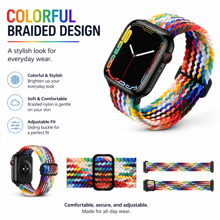 Multicolor braided nylon watch band with sliding buckle, shown on a watch and laid flat.