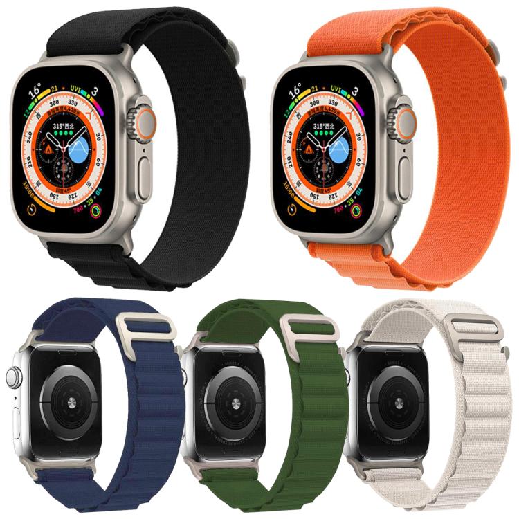Five nylon loop bands in assorted colors fitted to Apple Watches, shown from front and back