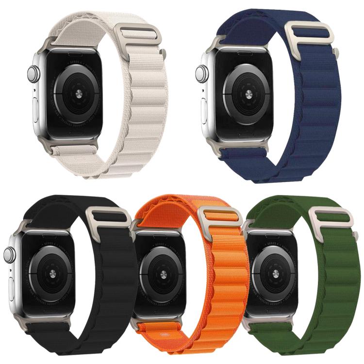 Five assorted-color nylon loop watch bands shown on the back of Apple Watches