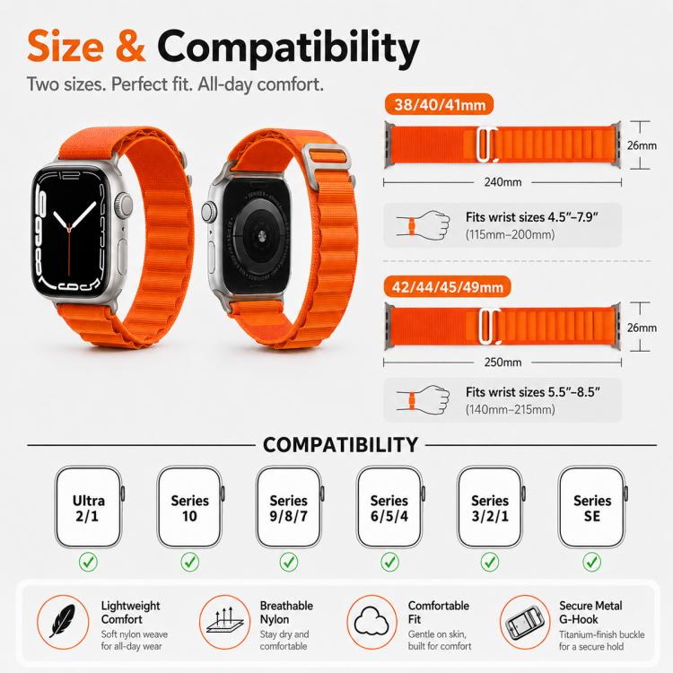 Orange nylon loop watch band with size measurements, wrist fit ranges, and compatible watch models