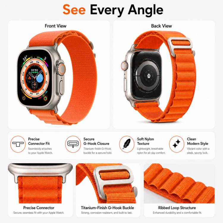 Orange nylon loop watch band shown on Apple Watch from front, back, and detail views