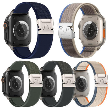 Five nylon watch bands in navy, taupe, green, charcoal, and gray with snap buckles
