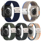 Five nylon watch bands in navy, taupe, green, charcoal, and gray with snap buckles