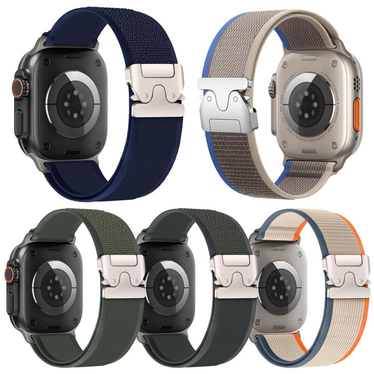 Five nylon watch bands in navy, taupe, green, charcoal, and gray with snap buckles