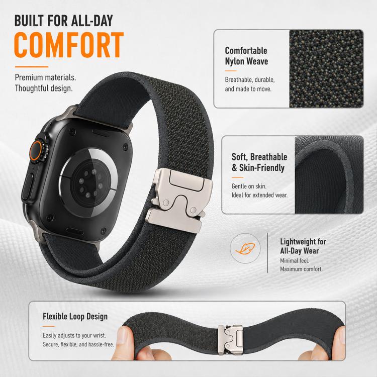 Black nylon watch band with titanium snap buckle, shown on a smartwatch