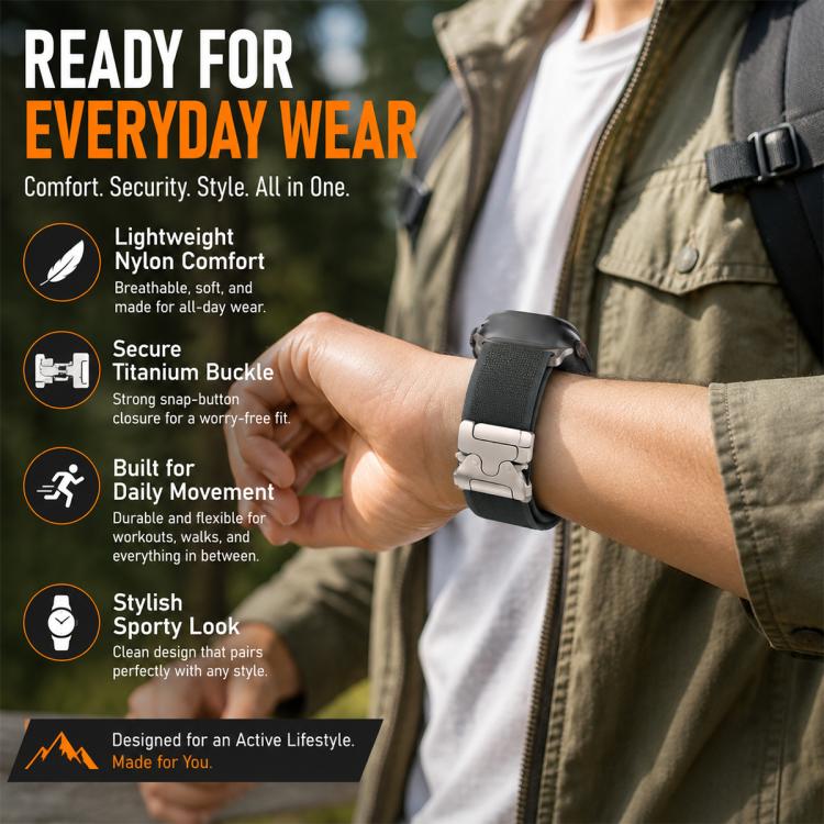 Black nylon watch band with titanium buckle, worn on a wrist