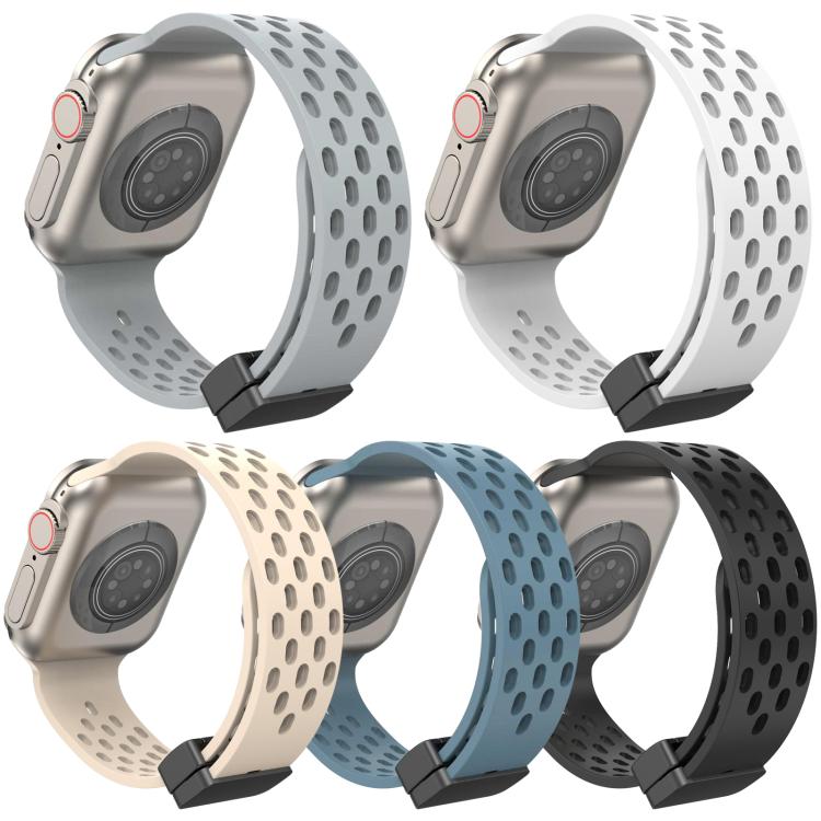 Five perforated silicone watch bands in light gray, white, beige, blue, and black