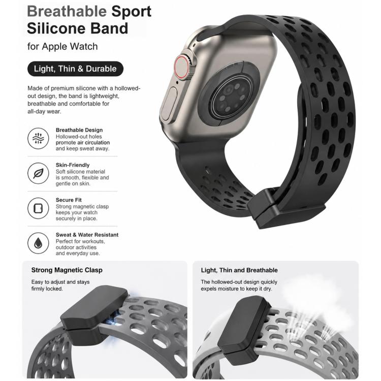 Black perforated silicone Apple Watch band with magnetic clasp and curved fit