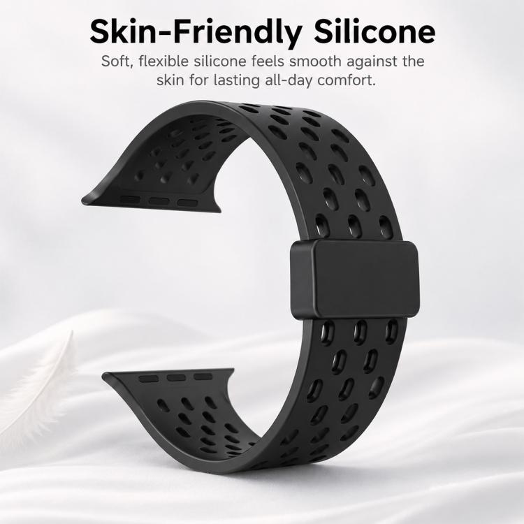 Black flexible silicone watch band with perforations and magnetic clasp