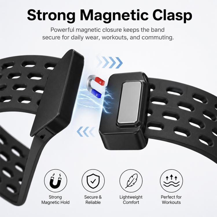 Black perforated silicone watch band with magnetic clasp shown open