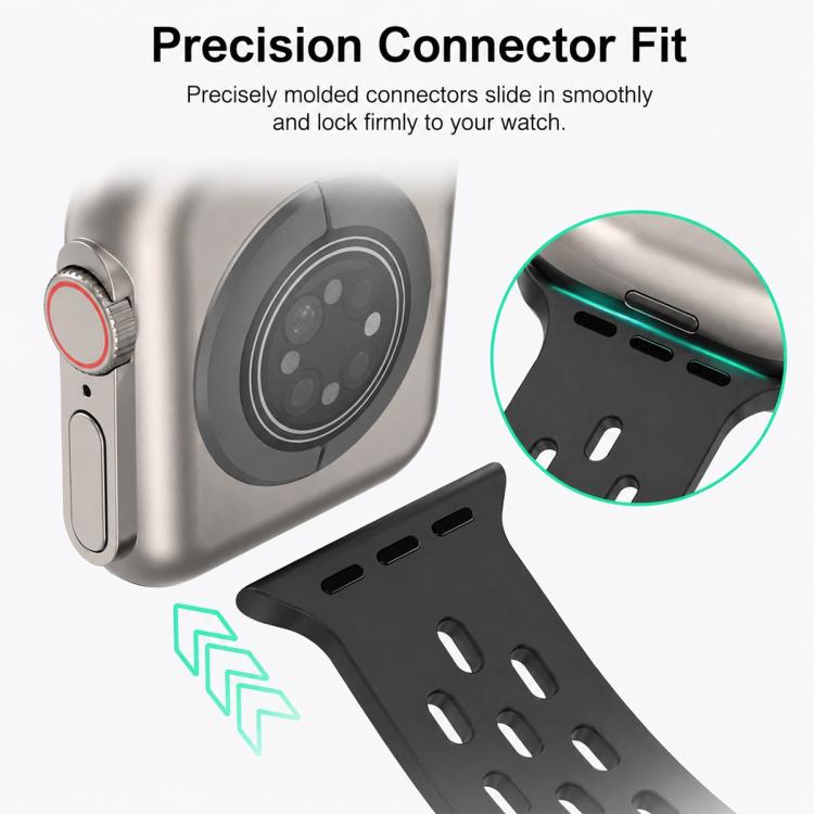 Black perforated silicone watch band end showing its molded Apple Watch connector