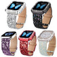 Five glitter sequin vegan leather watch bands in silver, black, purple, red, and pastel colors