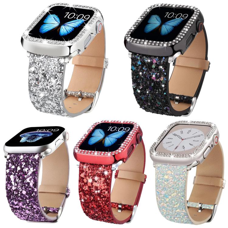 Five glitter sequin vegan leather watch bands in silver, black, purple, red, and pastel colors