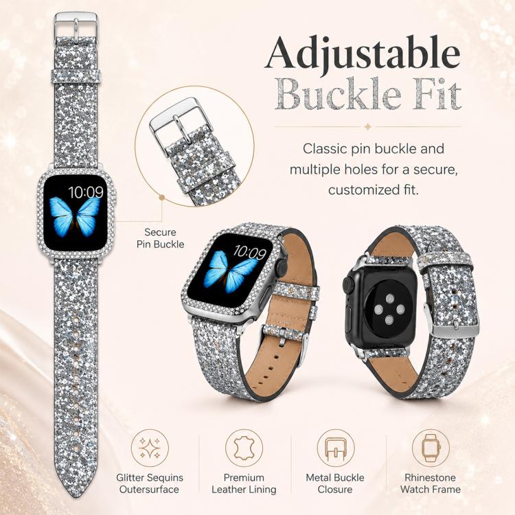 Silver glitter sequin watch band with tan lining, adjustable pin buckle, and rhinestone watch frame