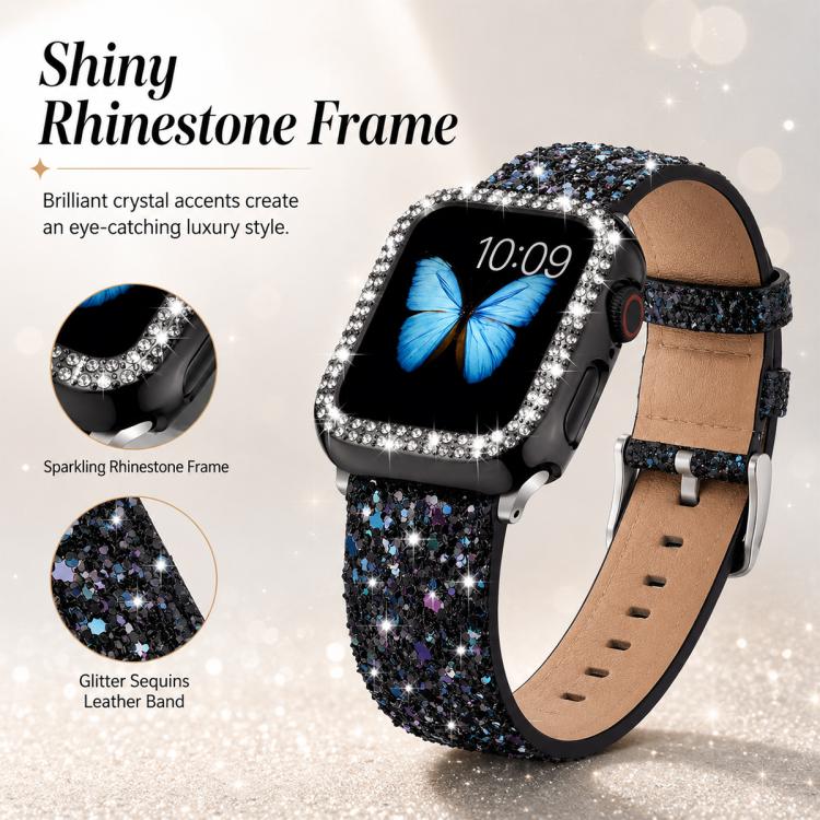 Black glitter sequin vegan leather watch band with tan lining and rhinestone watch frame