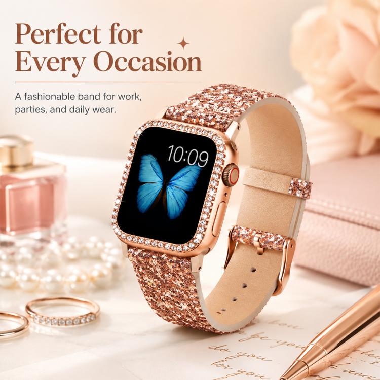 Rose gold glitter sequin watch band with tan lining and rhinestone watch frame