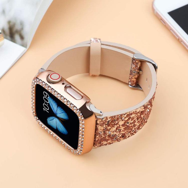 Rose gold glitter sequin watch band with tan lining, shown fastened around a watch