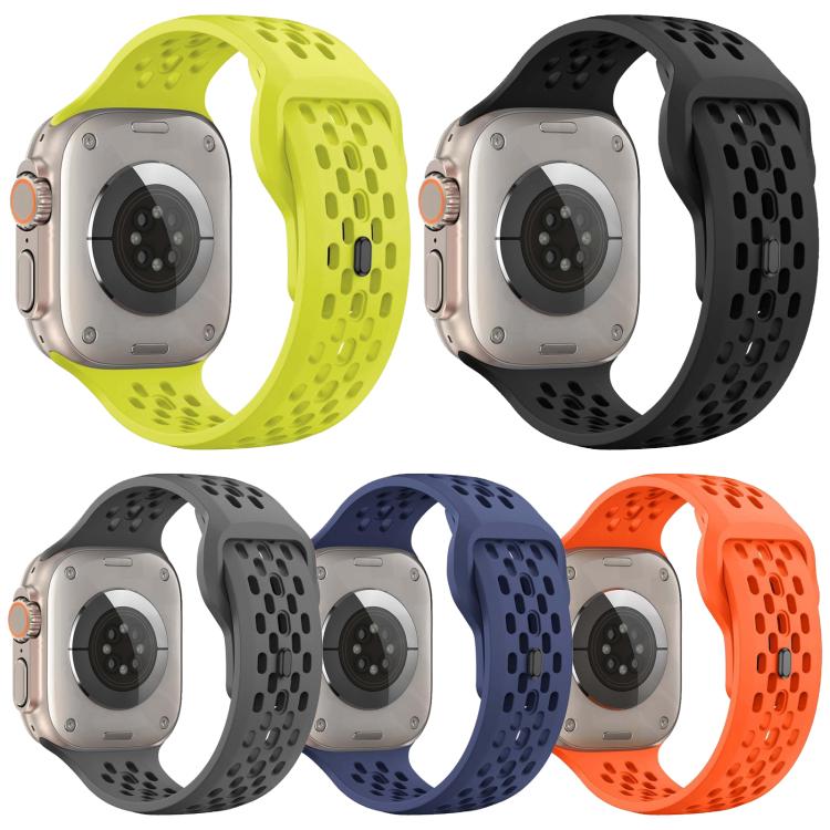 Five perforated silicone watch bands in lime, black, gray, navy, and orange, shown on watches.
