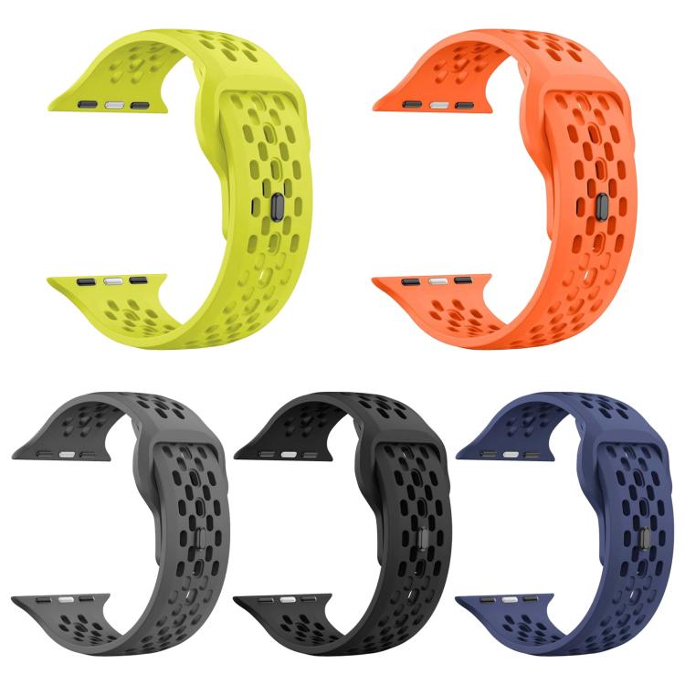 Five perforated silicone watch bands in lime, orange, gray, black, and navy.
