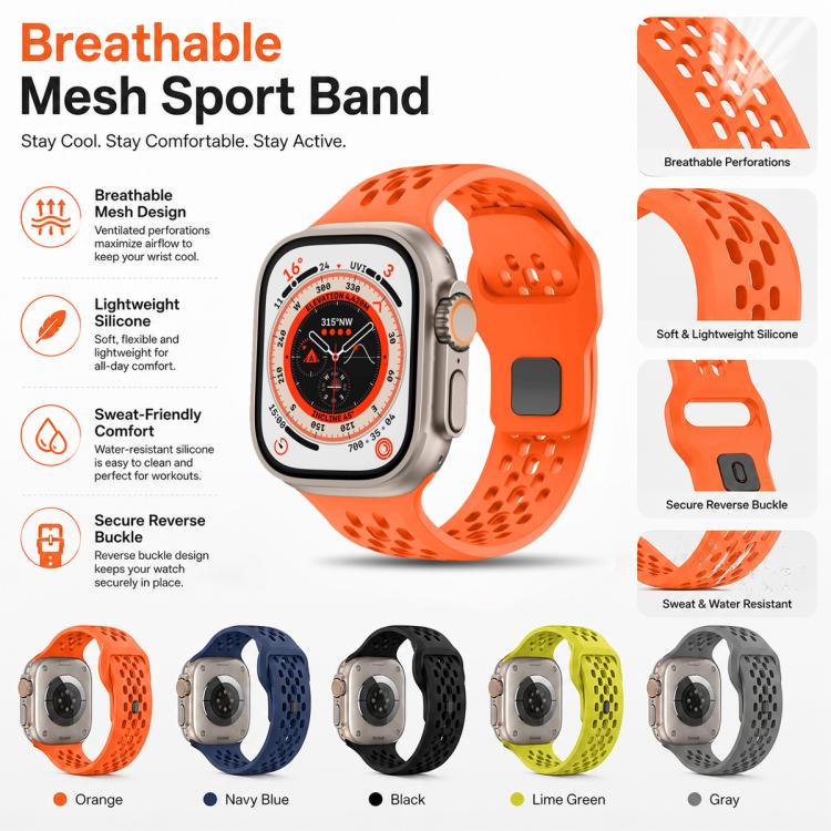Orange perforated silicone watch band on a watch, with close-ups of mesh holes and reverse buckle.
